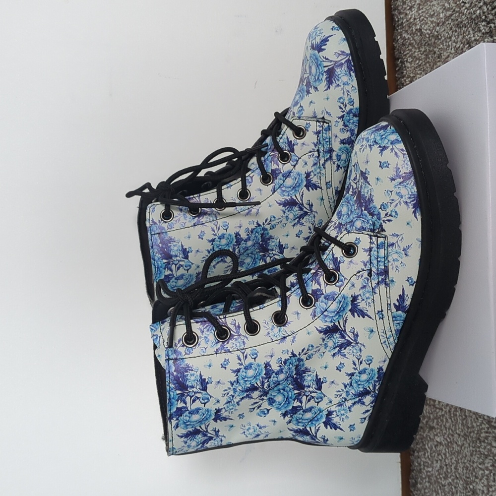 Floral Lace-Up Ankle Boots - Blue and White